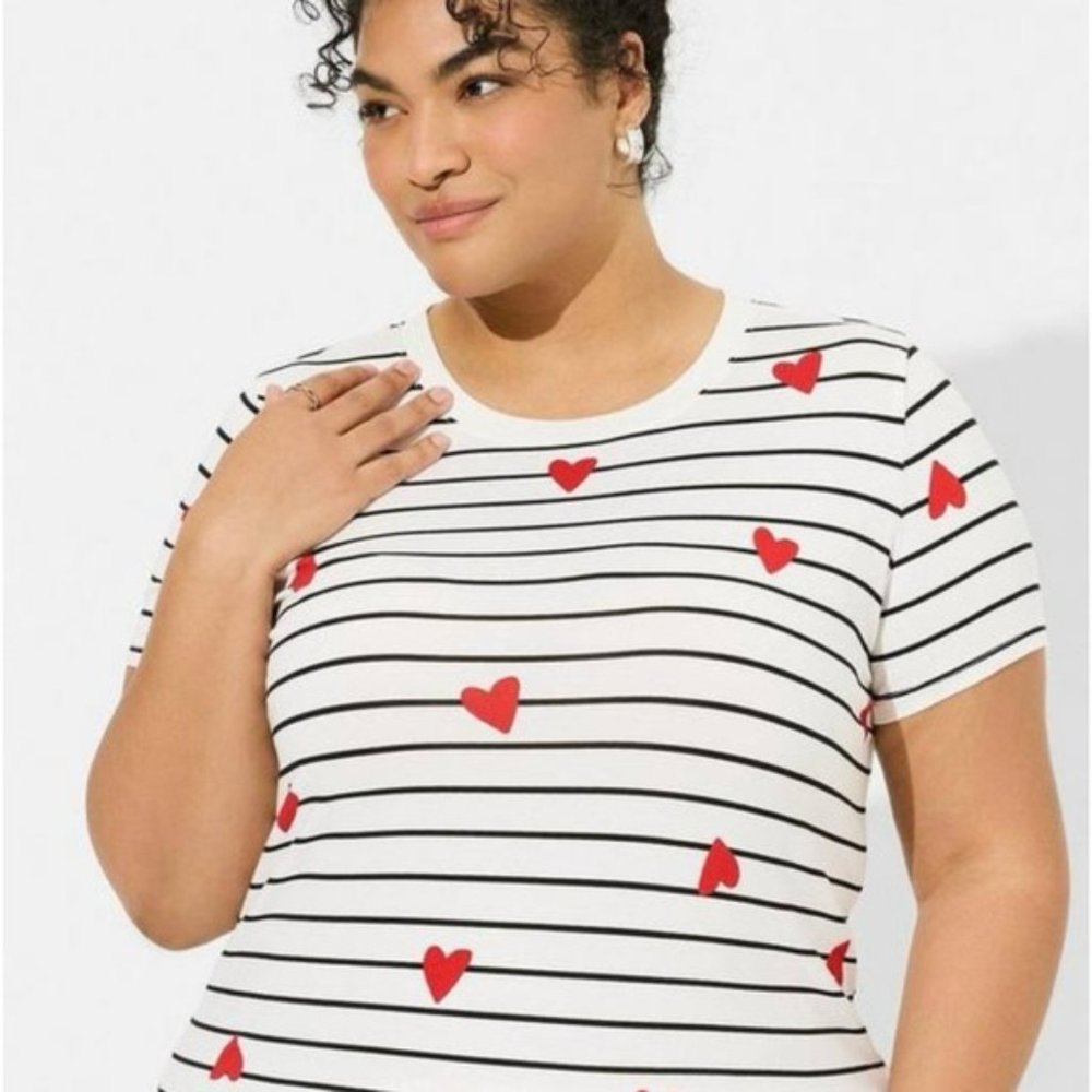 Torrid White and Black Striped Tee with Red Hearts